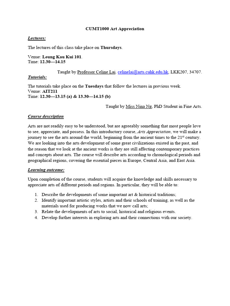 CUMT1000 Art Appreciation Course outline | PDF | Renaissance | The Arts