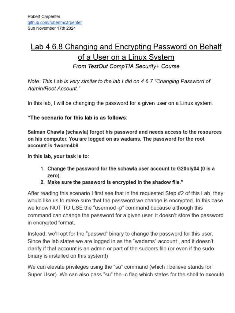 Lab 4.6.8 Linux Security - Changing & Encrypting Password On Behalf of ...