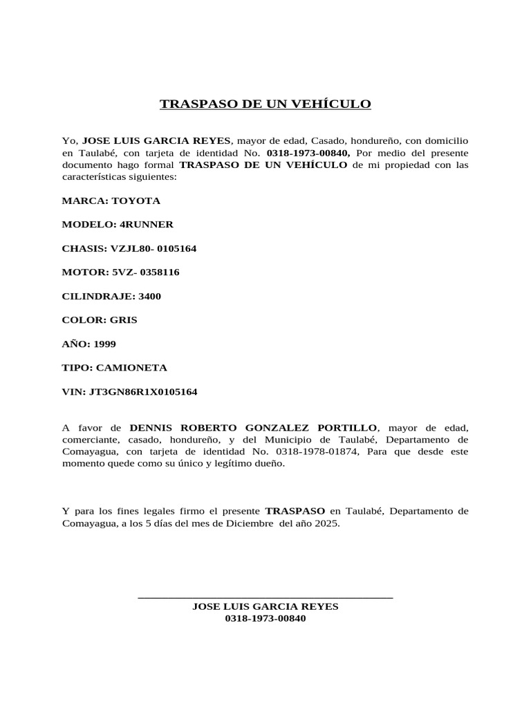 Traspaso de Un Vehículo | PDF