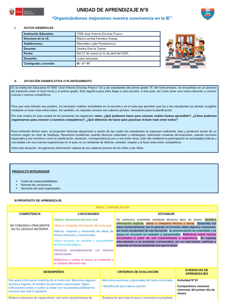 Unidad de Aprendizaje Nº0 - Primer Grado - 2025 | PDF | Datos | Evaluación