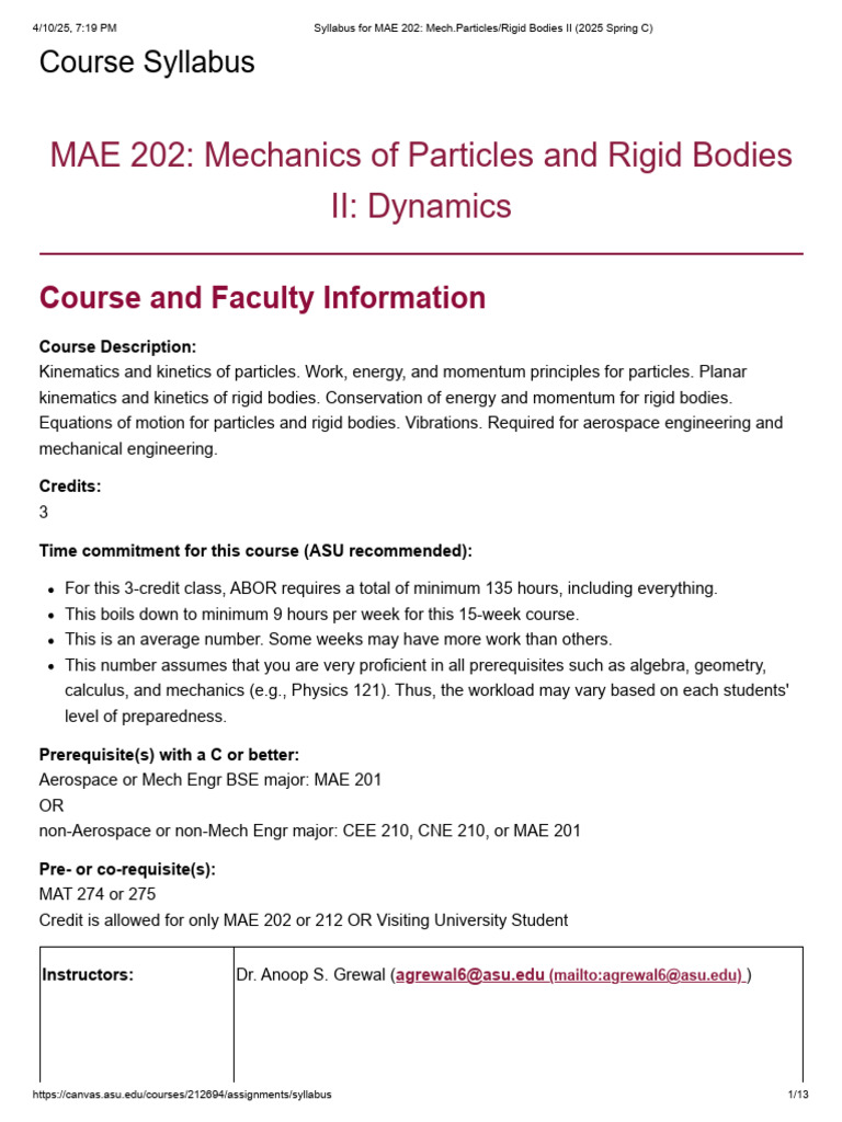 Syllabus For MAE 202 - Mech - Particles - Rigid Bodies II (2025 Spring ...