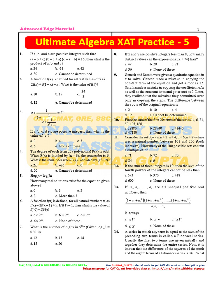 Algebra XAT Practice - 5 | PDF | Equations | Algebra