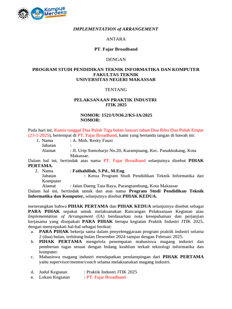 Format Implementation of Agreement | PDF
