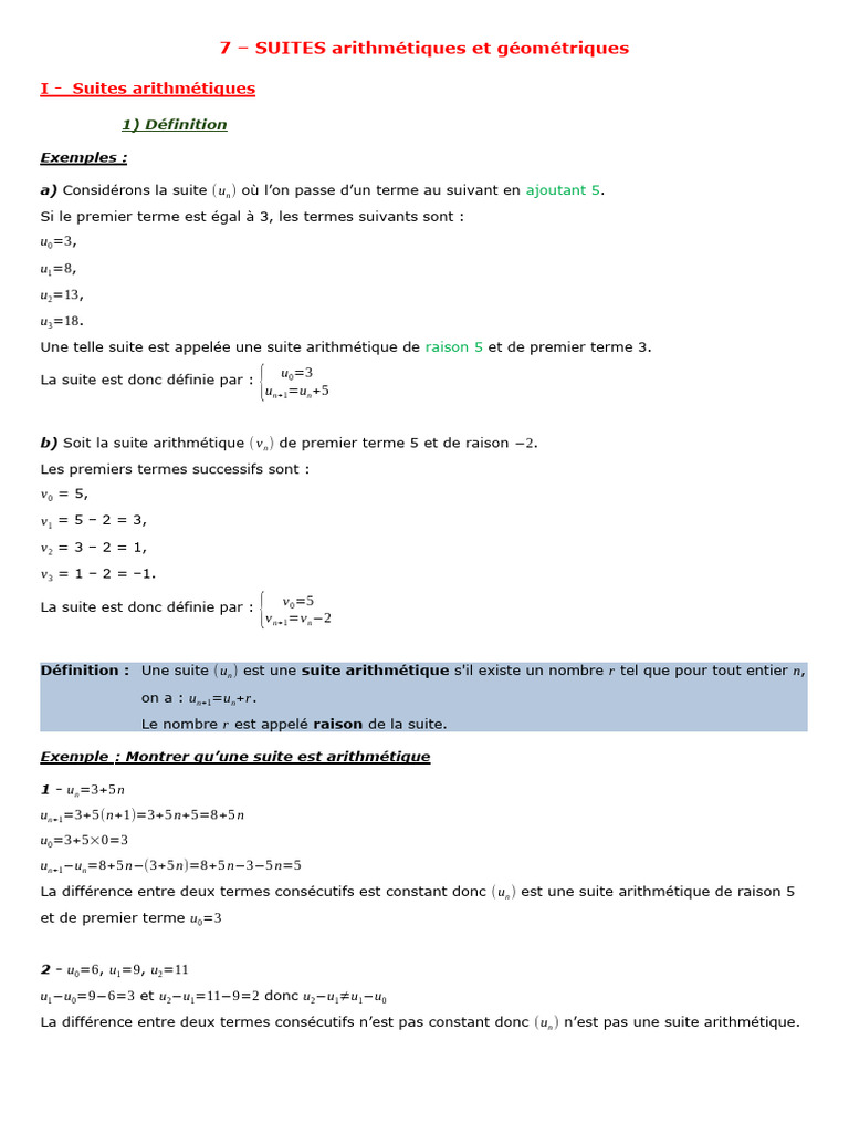 7 - Suites Arithmétiques Et Géométriques 220126 | PDF | Mathématiques ...