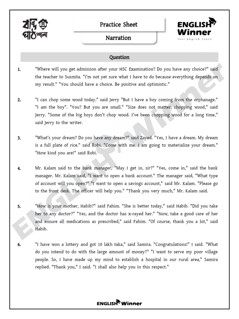 Practice Sheet - Narration | PDF