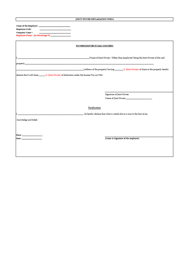 Joint Owner Declaration Form | PDF