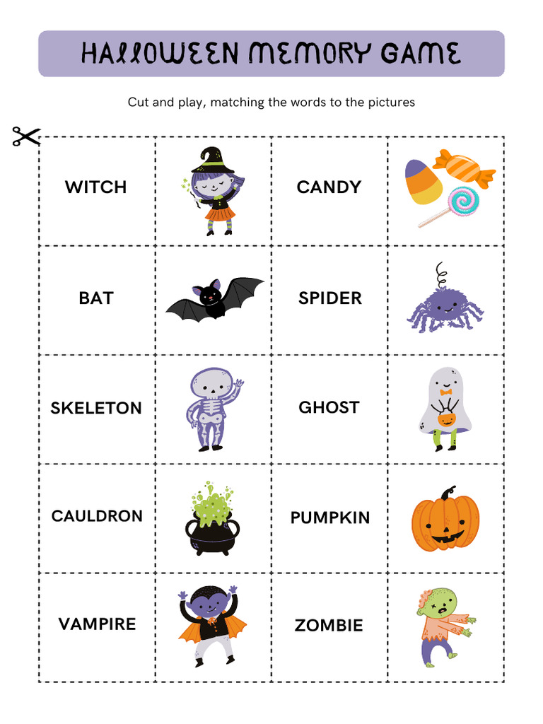 Halloween Memory Game Worksheet in Colorful Illustrative Style | PDF