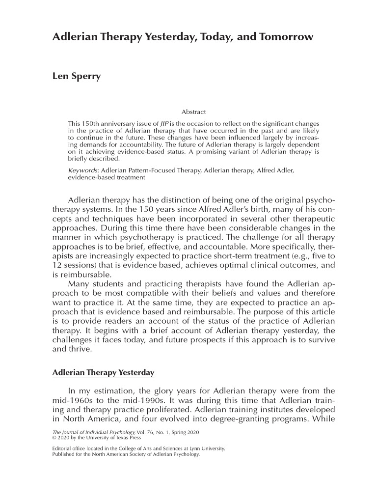 Adlerian Therapy Yesterday, Today, and Tomorrow. | PDF | Psychotherapy ...