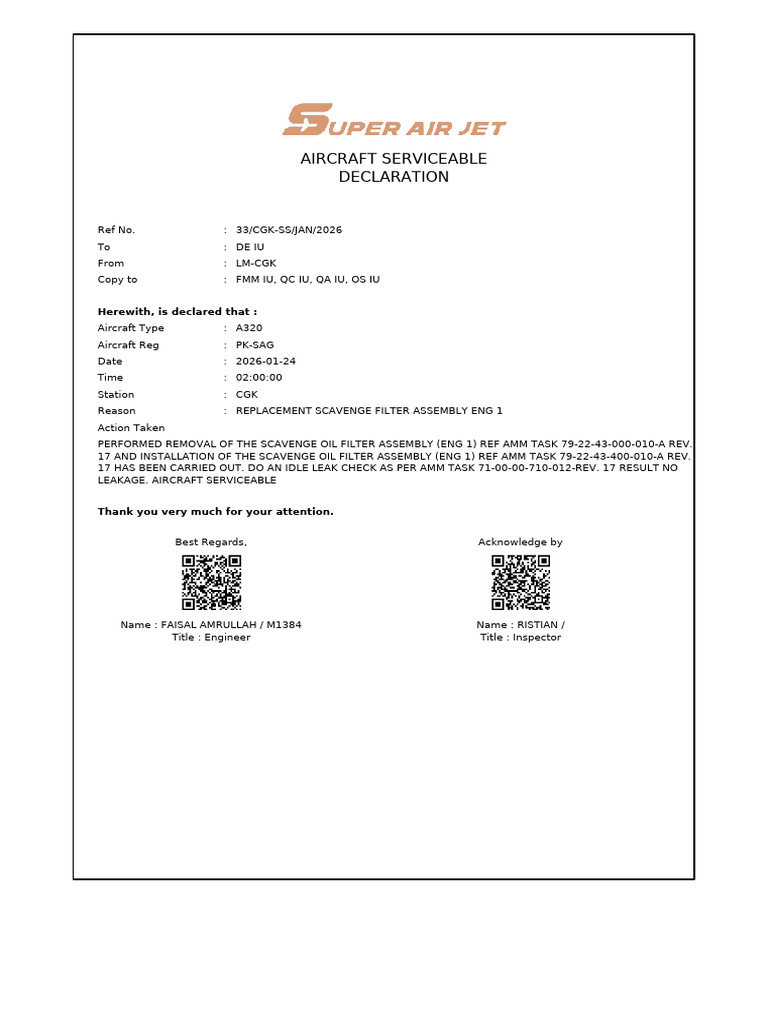 Aircraft Serviceable Declaration: Herewith, Is Declared That | PDF