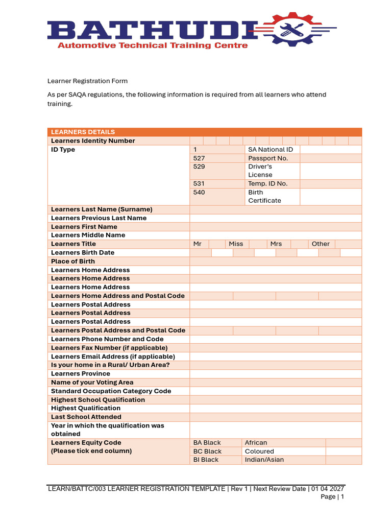 LEARN BATTC003 Learner Regsitration Template v2 | PDF | Languages ...