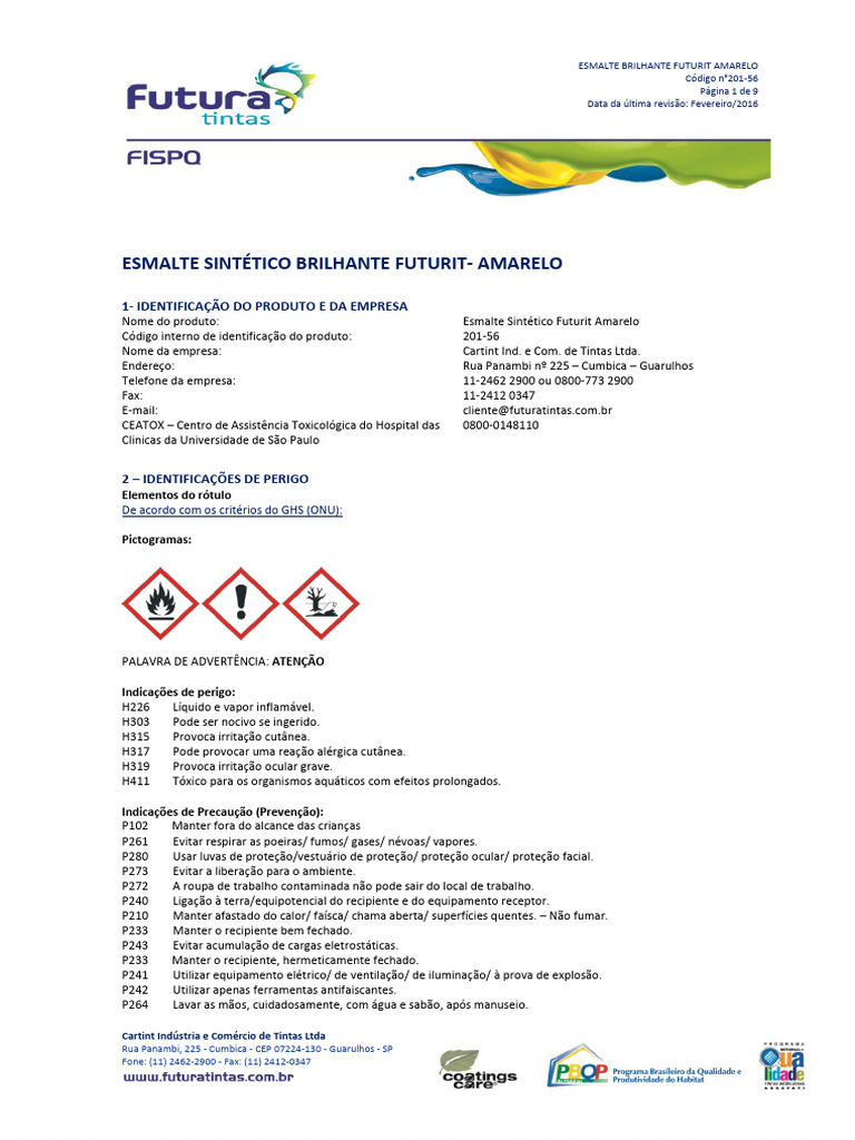 FISPQ - Eemalte Sitético AMARELO | PDF | Solvente | Toxicidade