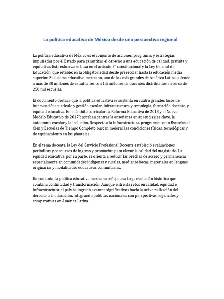 Resumen La Politica Educativa de Mexico | PDF