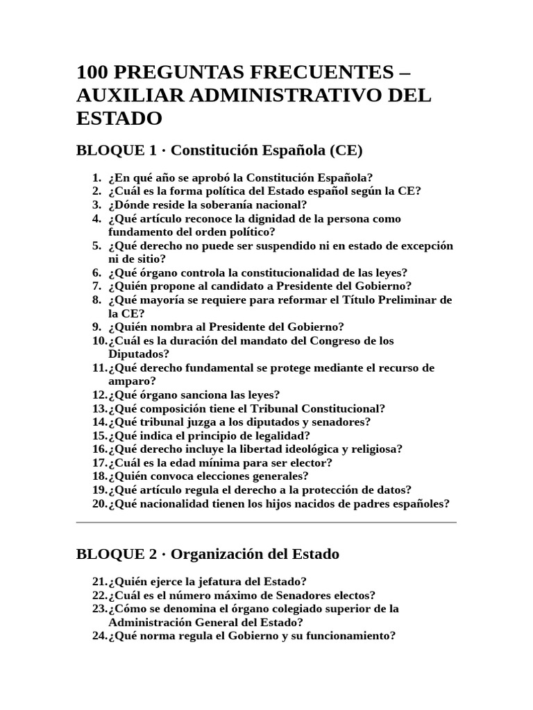 100 Preguntas Frecuentes Aux Adm Estado | PDF | Gobierno
