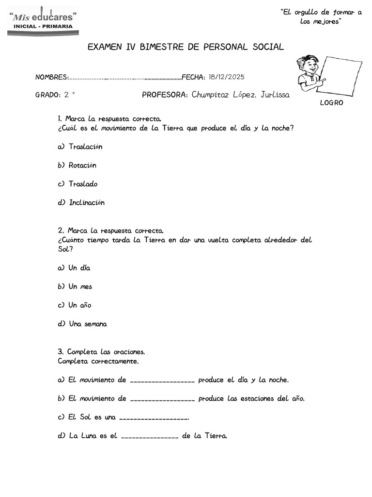 Examen IV Bimestre Personal Social | PDF