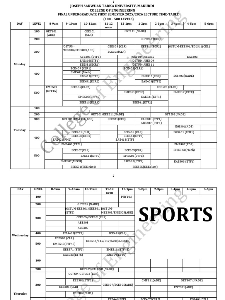 FINAL 2025 2026 First Semester Lecture Time Table (100-500L) | PDF