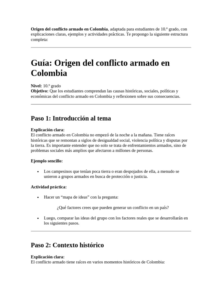 Guia Origen Del Conflicto Armado en Colombia - Sociales - 10 Grado ...