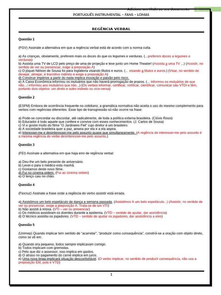 QUESTÕES SOBRE REGÊNCIA VERBAL - Gabarito de Respostas Comentado | PDF ...
