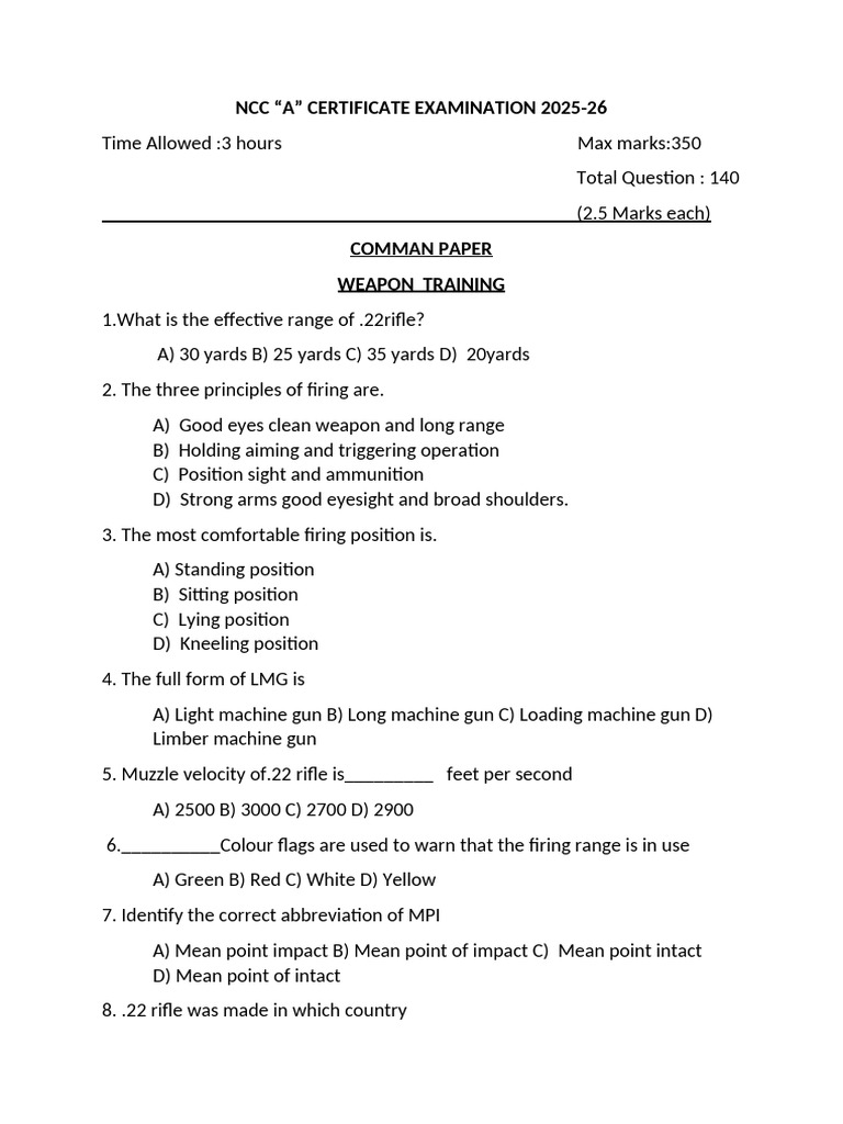ncc a cer exam qus | PDF | Leadership | Rifle