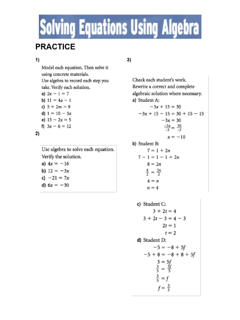 6 - PRACTICE Solving Equations Using Algebra | PDF