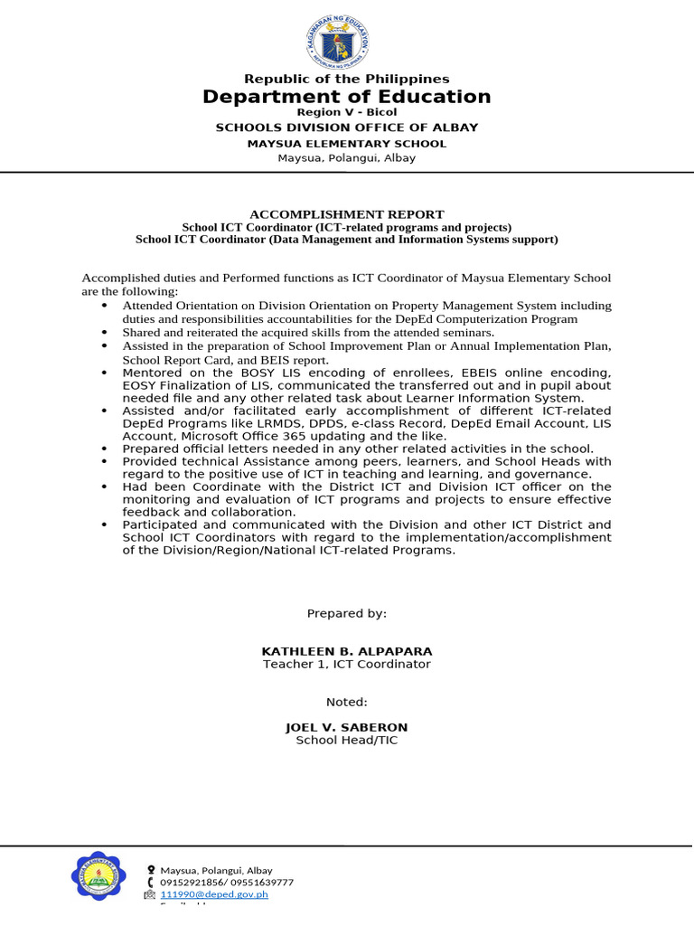 ICT Accomplishment Report | PDF | Educational Technology | Learning