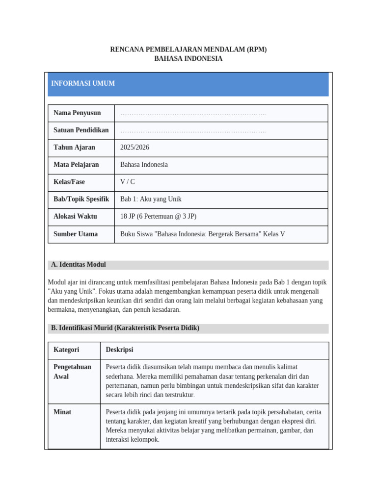 Contoh RPP PM B Indo - 5 - BAB 1 | PDF