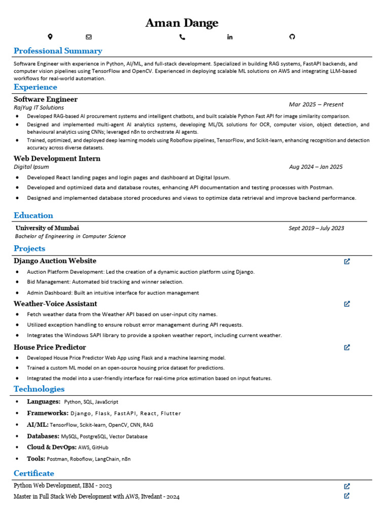 Aman Dange Resume | PDF | Web Development | Databases