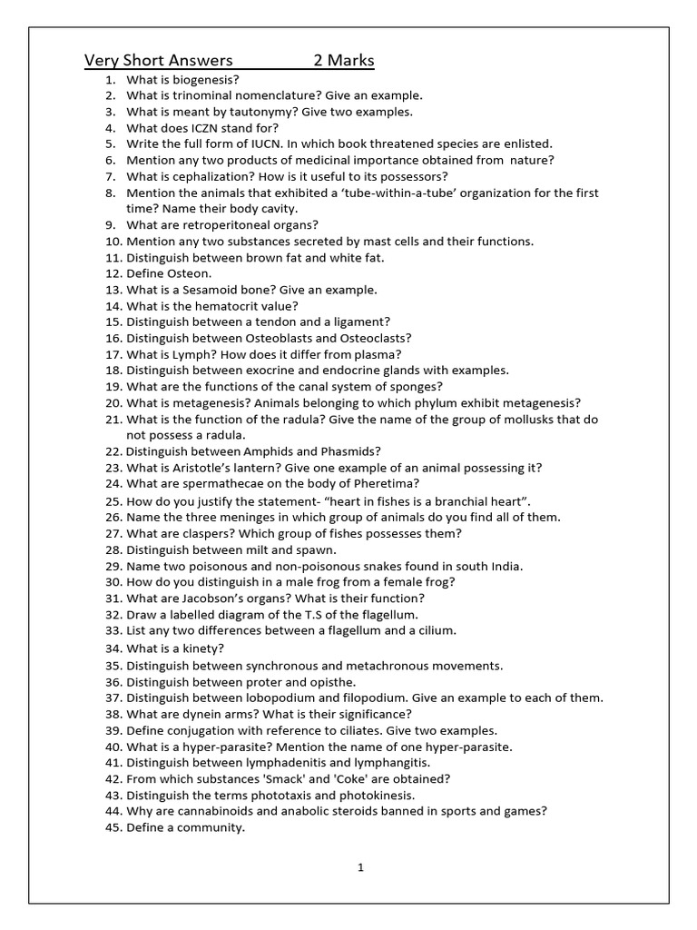 Very Short Answers 2 Marks | PDF