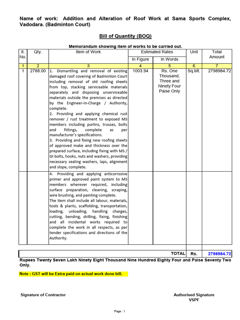 BOQ - Roof Work-2026 | PDF