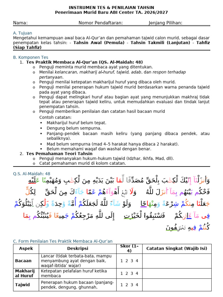Instrumen Tes Tahsin | PDF