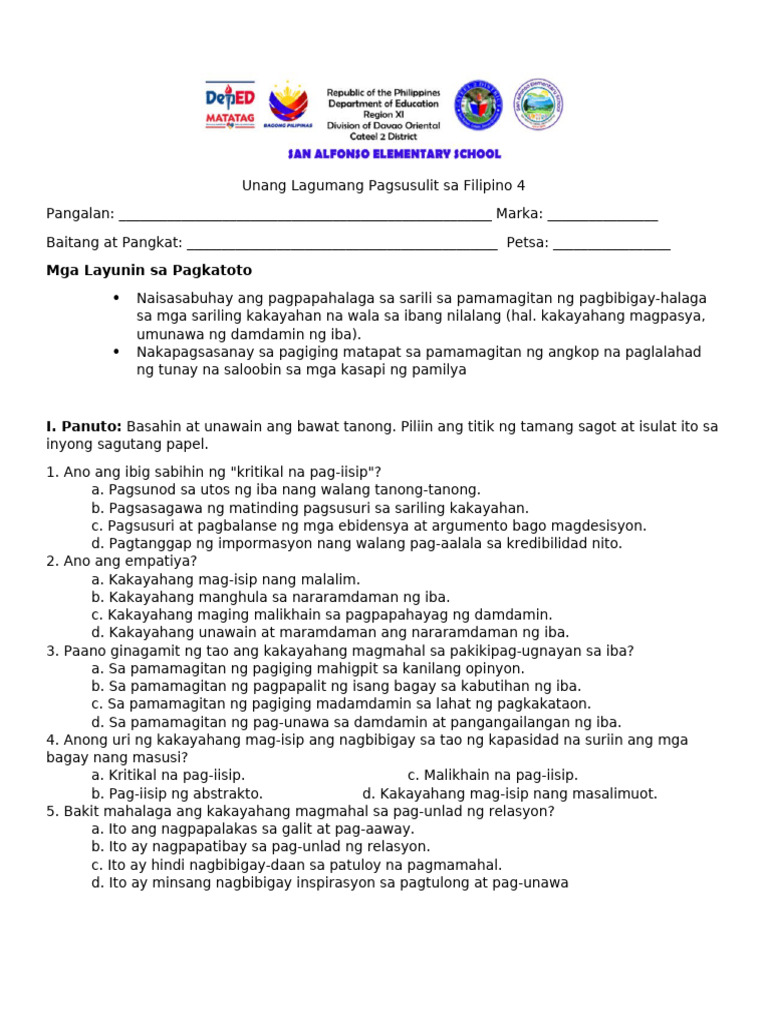 1st Summative Test in Filipino | PDF
