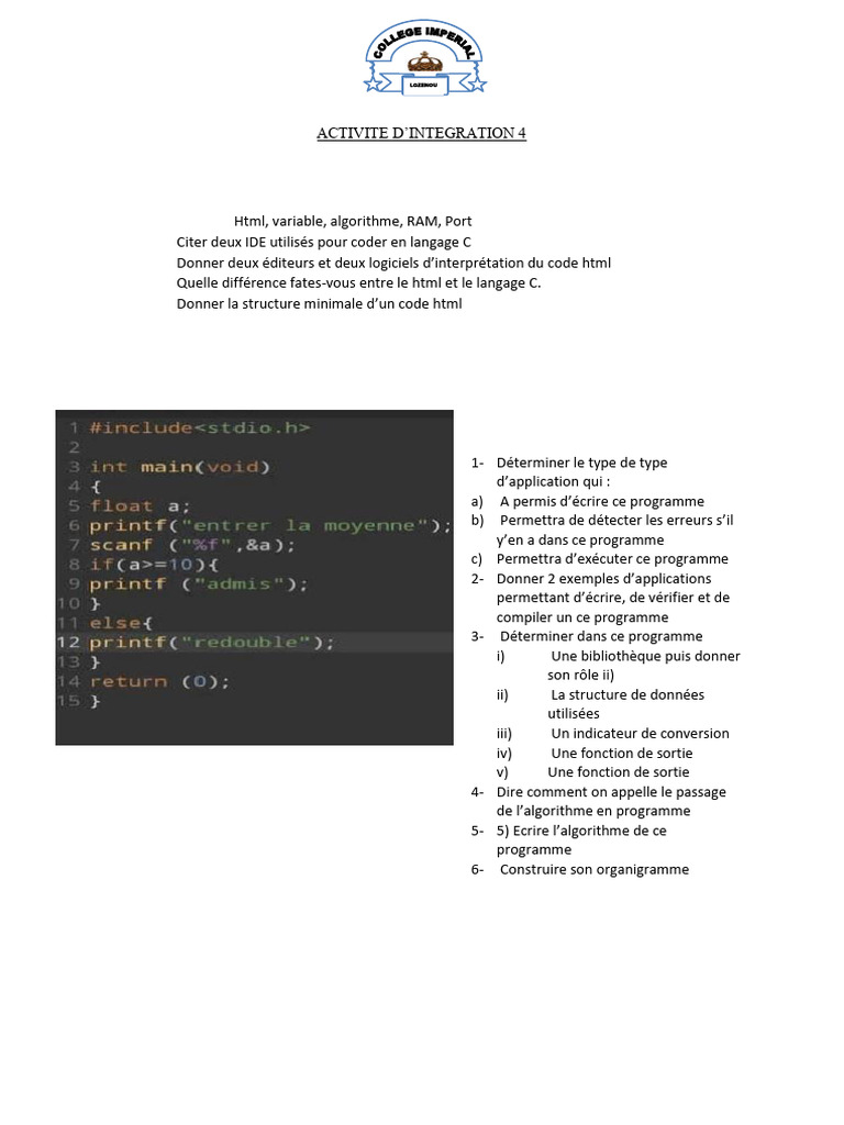 Activite Dintegration 4 2nde C | PDF | Programme informatique ...