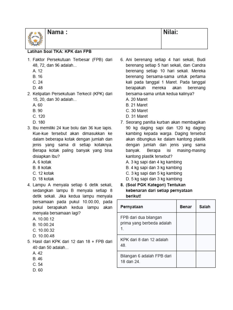 Soal Tka Mat 3 - KPK Dan FPB | PDF