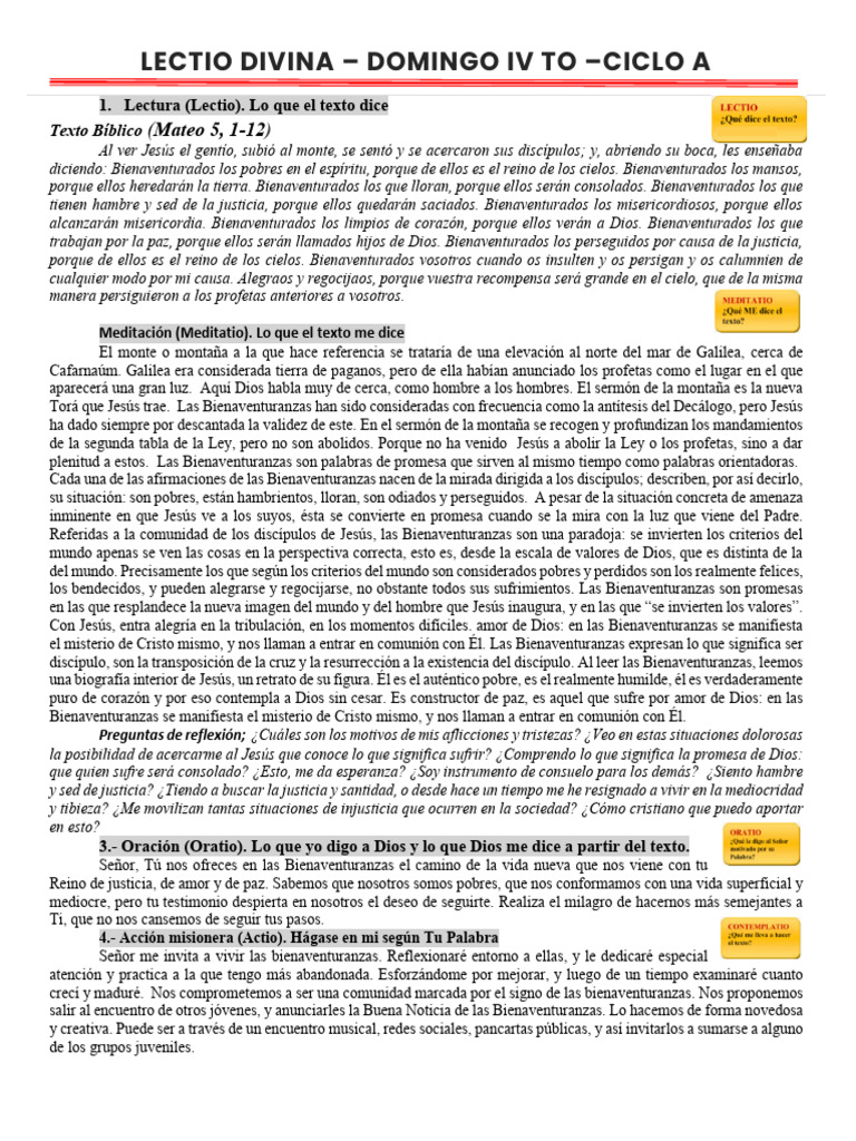 Lectio Divina Domingo IV Tiempo Ordinario | PDF | Sermón de la Montaña ...
