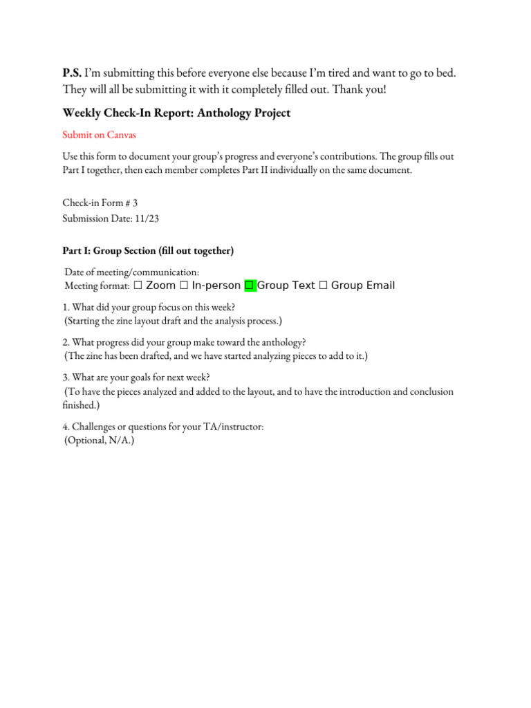 Weekly Check-In 3 Report - Anthology Project | PDF | Human Communication
