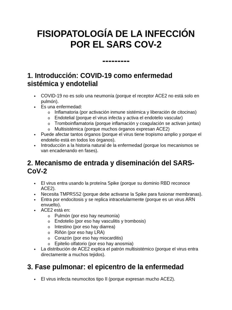 FISIOPATOLOGÍA DE LA INFECCIÓN POR EL SARS COV | PDF | Endotelio ...