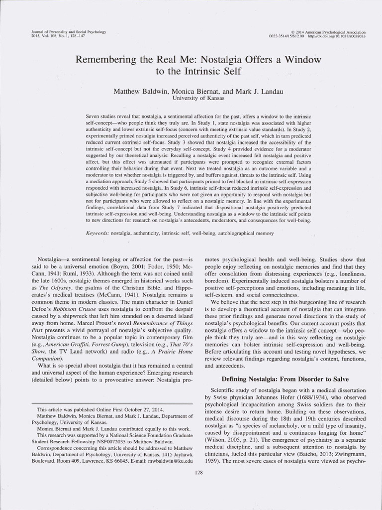 Baldwin 2015 Nostalgia Offers a Window | PDF | Nostalgia | Motivation
