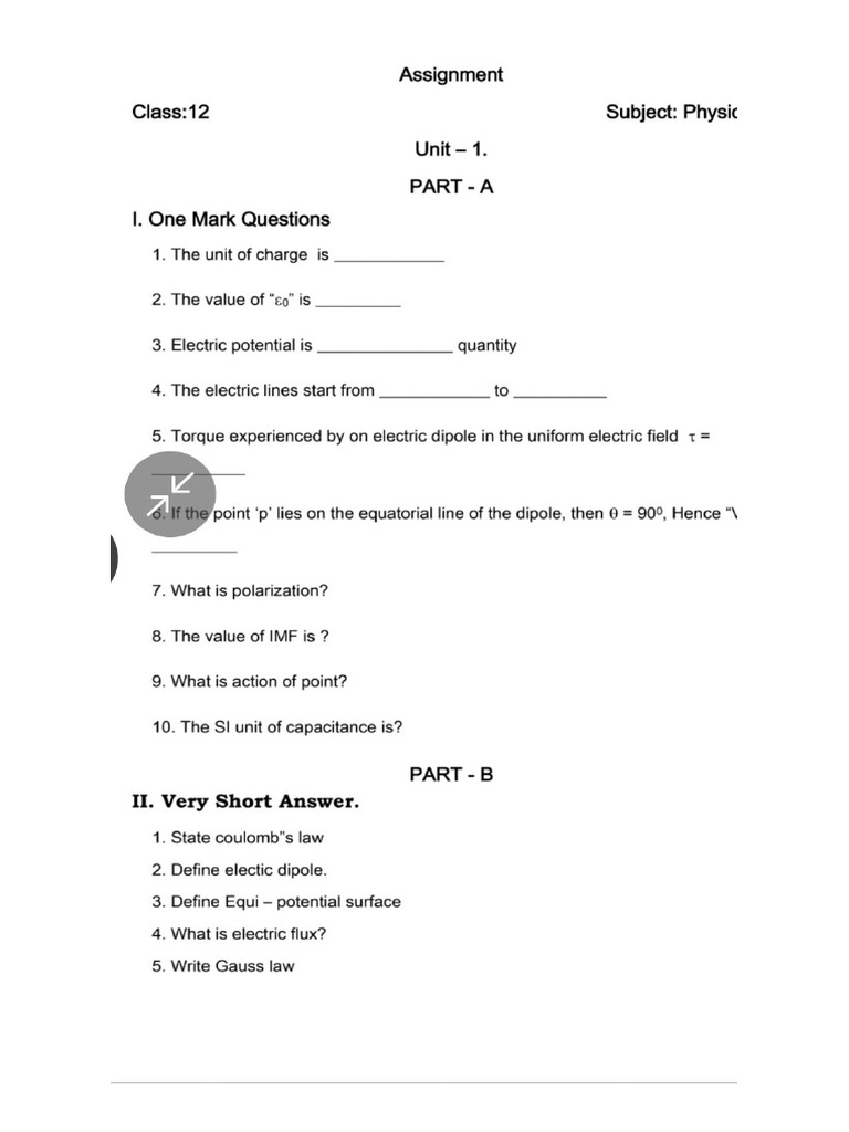 12th Physics Unit Test 1 Question Paper English Medium PDF Download | PDF