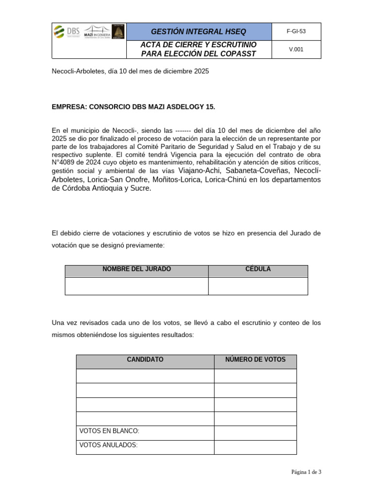 F-GI-53 Acta de Cierre y Escrutinio de Votos Copasst | PDF | Elecciones ...