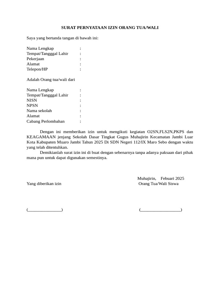 Surat Pernyataan Izin Orang Tua O2sn 2025 | PDF
