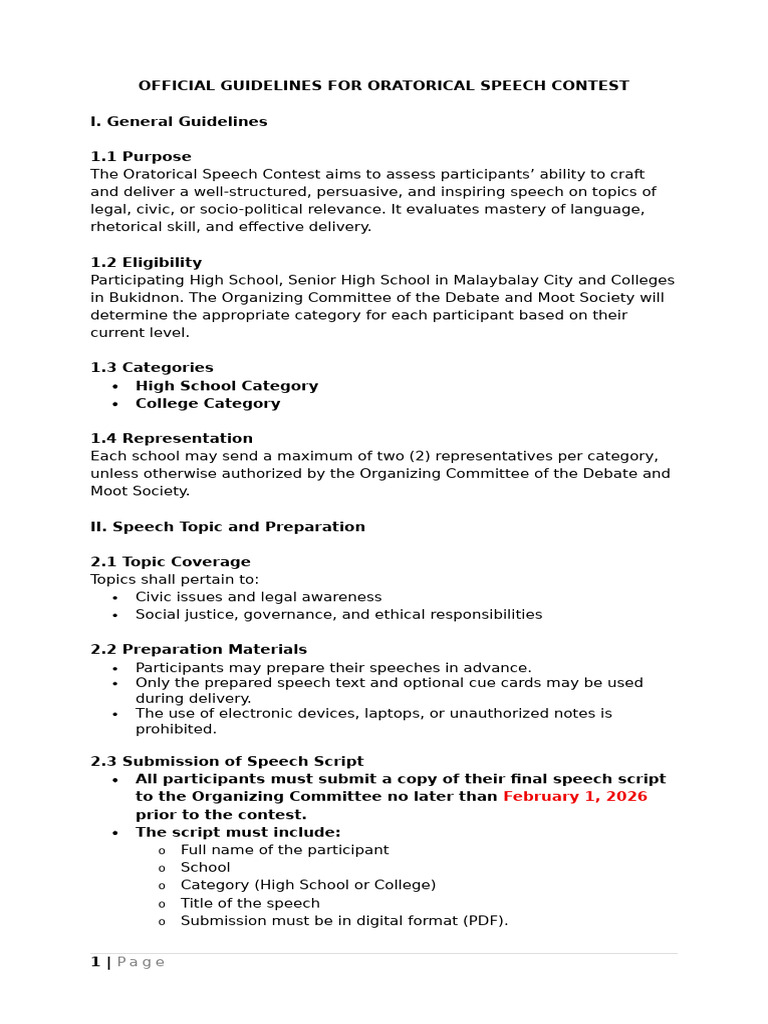 Official Guidelines (Oratorical Speech) | PDF | Public Speaking | Human ...