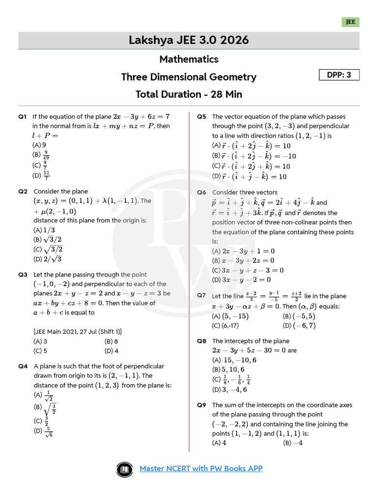 Three Dimensional Geometry DPP 03 (Of Lec 04) | PDF | Linear Algebra ...