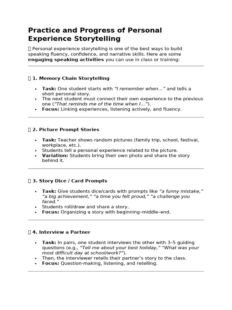 Personal Experience Storytelling | PDF | Storytelling | Learning