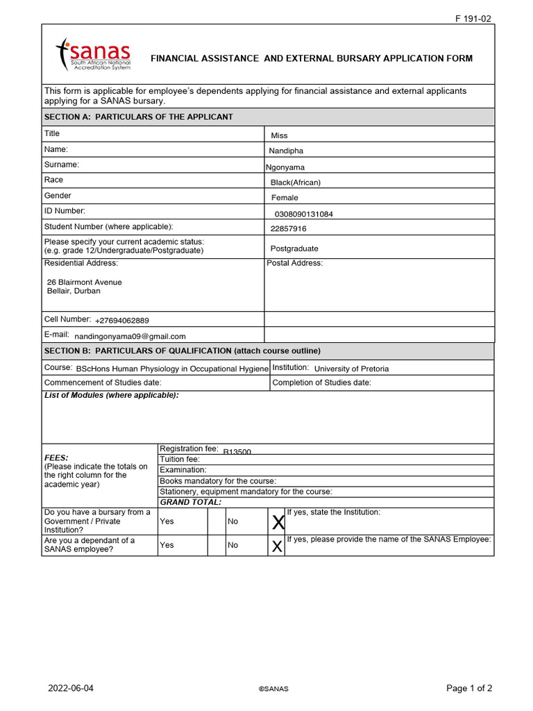 F 191 - External Bursary Application Form | PDF | Postgraduate ...