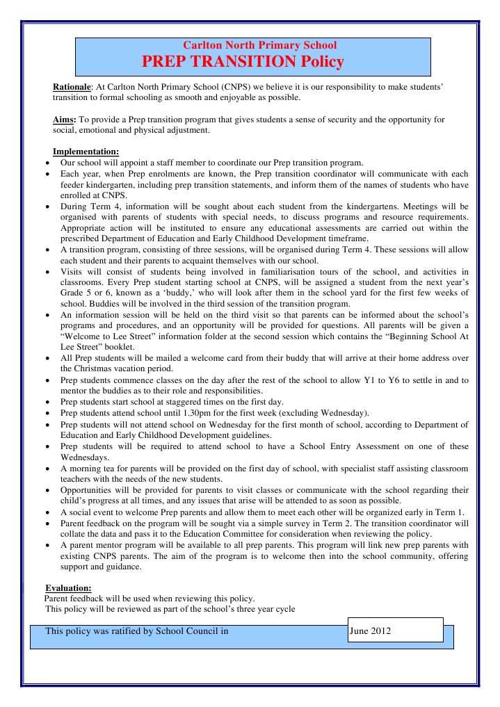 Prep Transition Policy at CNPS | PDF | Special Education | Quality Of Life