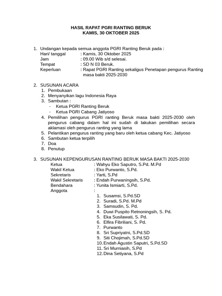 Hasil Rapat Pgri Ranting Wonorejo Oktb 2025 | PDF
