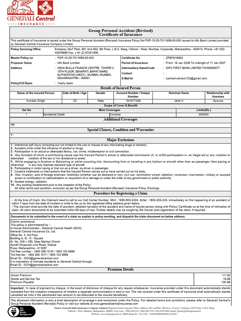 Policy Certificate 1-23-2026 8 51 59 PM | PDF | Insurance