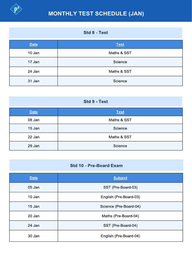Test Schedule JAN 2026 | PDF