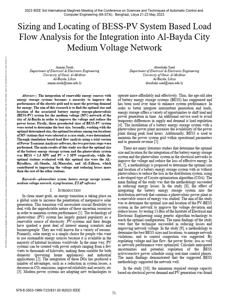 Sizing and Locating of BESS-PV System Based Load Flow Analysis For The ...