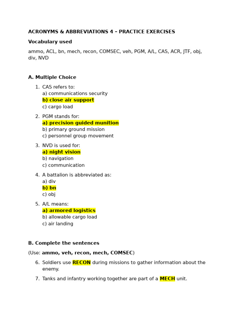 Acronyms and Abbreviations 4 Exercises | PDF | Close Air Support ...