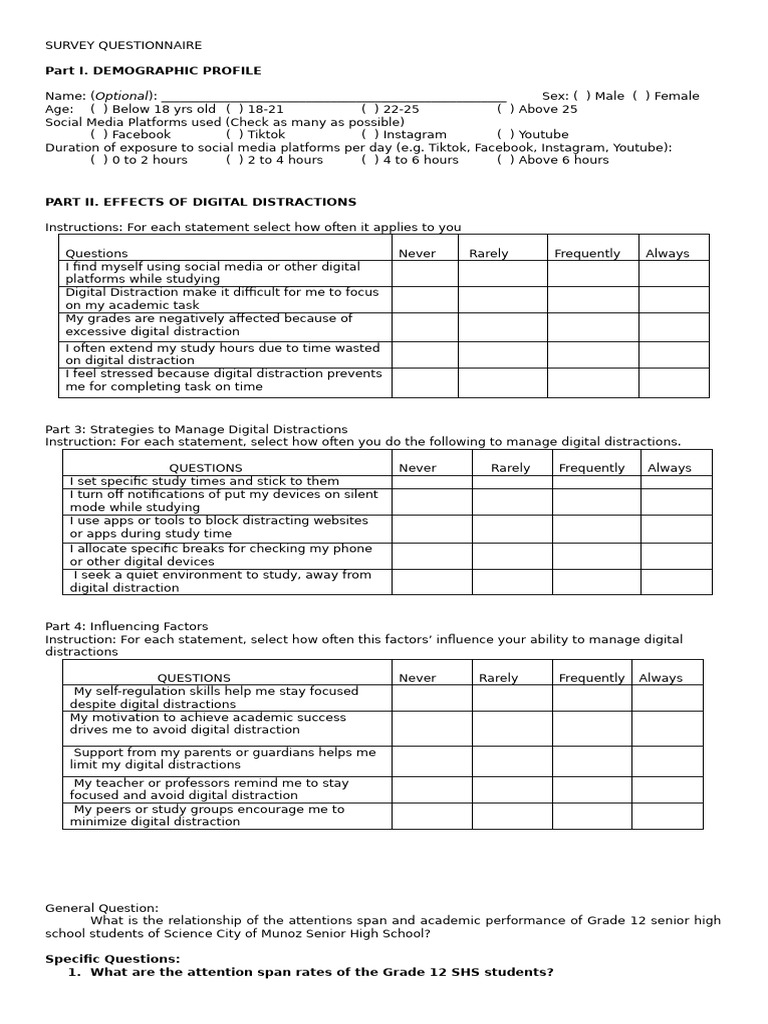 Survey Questionnaire About Attention Span | PDF | Social Media ...